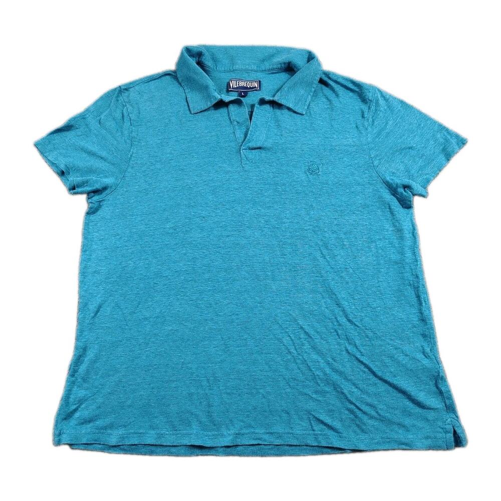 Vilebrequin Polo Shirt Mens L Blue Regular Fit Embroidered Turtle 100% Linen GUC